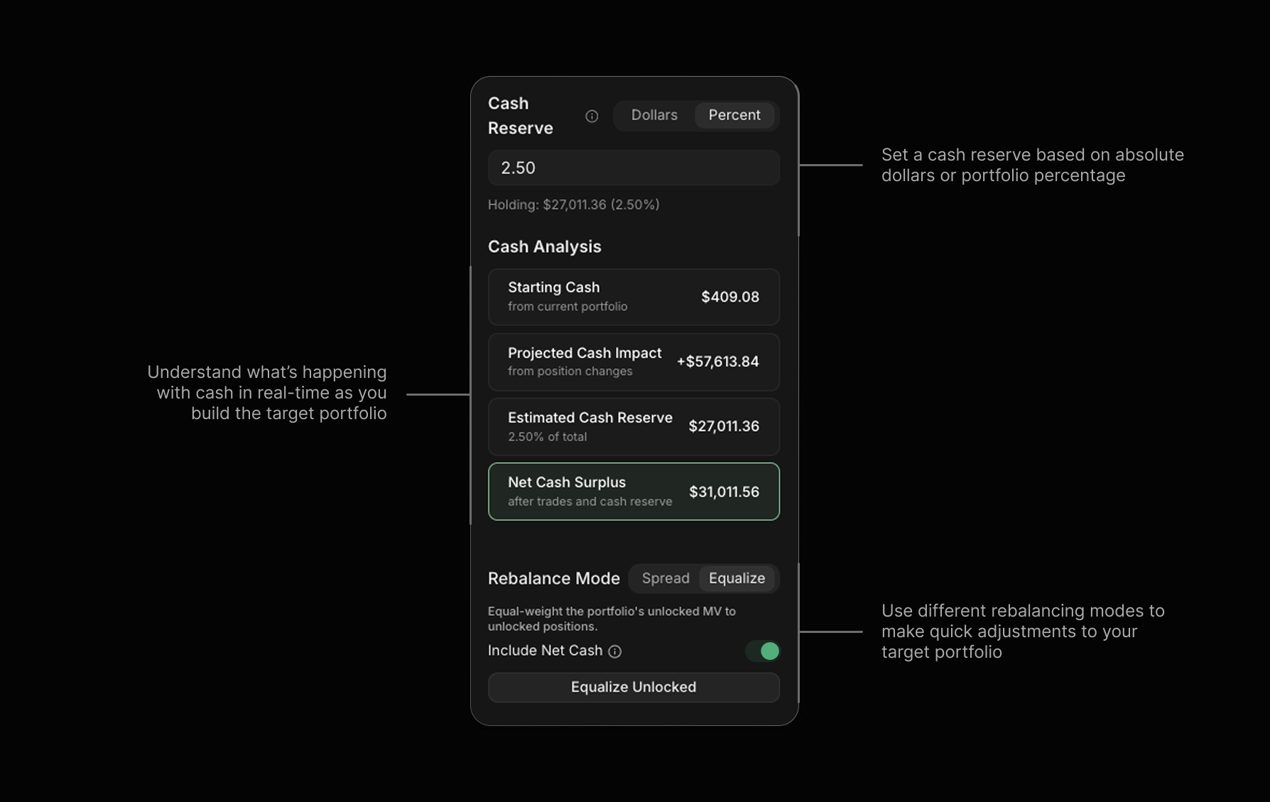 Cash management and rebalancing modes